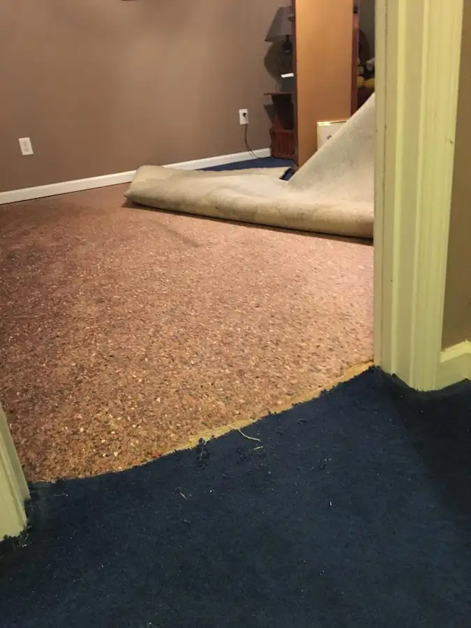 Carpet pad removal revealing water damage during Water Mitigation Services in Pullman